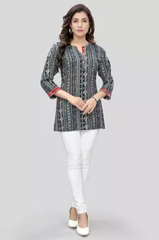 Navy-blue printed rayon short-kurtis