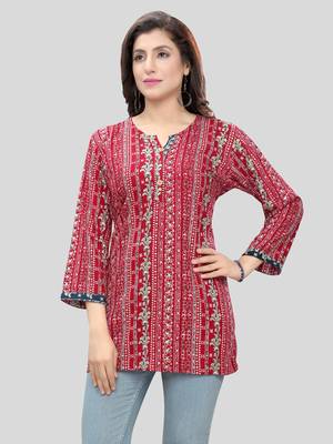 Red printed rayon short-kurtis 1
