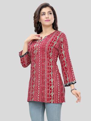 Red printed rayon short-kurtis 3