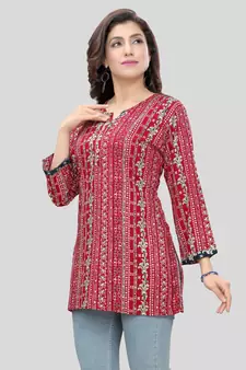 Red printed rayon short-kurtis