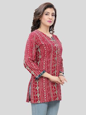Red printed rayon short-kurtis 4