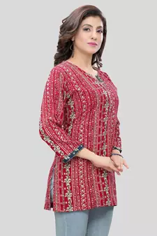 Red printed rayon short-kurtis
