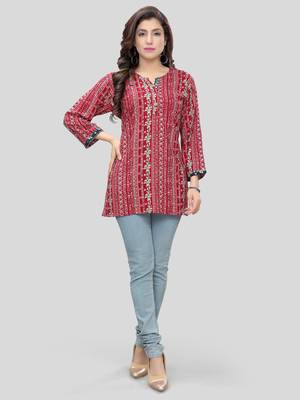 Red printed rayon short-kurtis 5