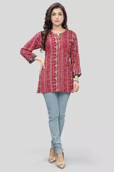 Red printed rayon short-kurtis