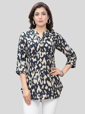 Navy-blue printed rayon short-kurtis 1