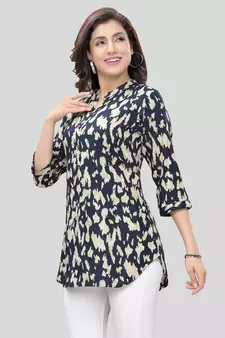 Navy-blue printed rayon short-kurtis
