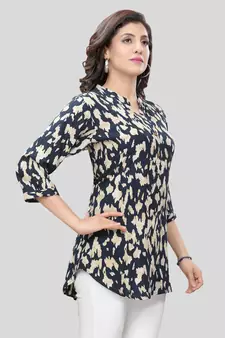 Navy-blue printed rayon short-kurtis