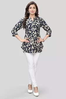 Navy-blue printed rayon short-kurtis