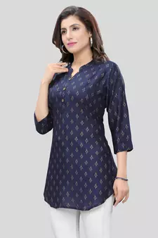 Blue printed rayon short-kurtis