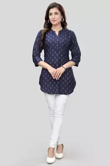 Blue printed rayon short-kurtis