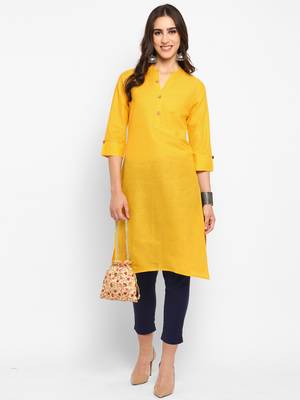 Yellow plain cotton short-kurtis 2
