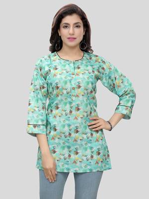 Green printed cotton poly short-kurtis 1