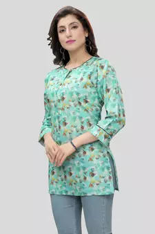 Green printed cotton poly short-kurtis