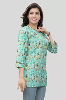 Green printed cotton poly short-kurtis