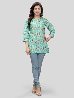 Green printed cotton poly short-kurtis 5
