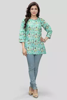 Green printed cotton poly short-kurtis