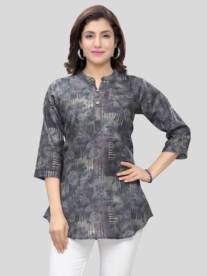 Grey printed cotton poly short-kurtis 1