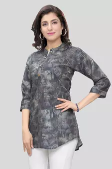 Grey printed cotton poly short-kurtis
