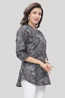 Grey printed cotton poly short-kurtis