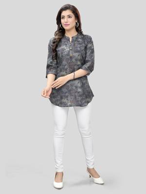 Grey printed cotton poly short-kurtis 5