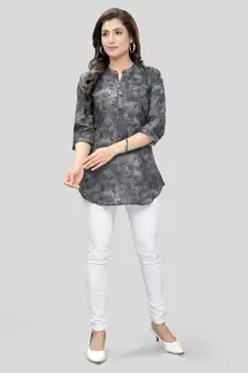 Grey printed cotton poly short-kurtis