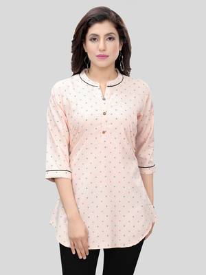 Peach printed cotton poly short-kurtis 1