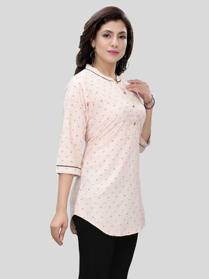 Peach printed cotton poly short-kurtis 4