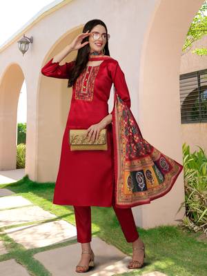 Trendmalls Maroon Satin Embroidered Work Party Wear Kurta Pant with Dupatta Salwar Suit Set 1
