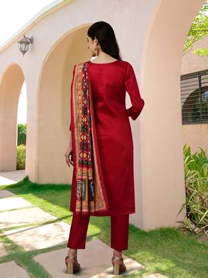 Trendmalls Maroon Satin Embroidered Work Party Wear Kurta Pant with Dupatta Salwar Suit Set 2