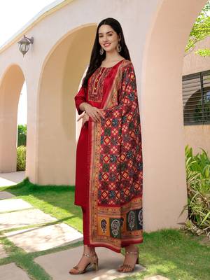Trendmalls Maroon Satin Embroidered Work Party Wear Kurta Pant with Dupatta Salwar Suit Set 3