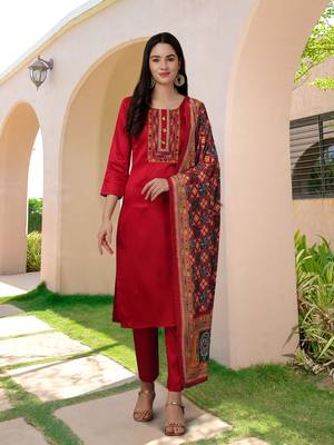 Trendmalls Maroon Satin Embroidered Work Party Wear Kurta Pant with Dupatta Salwar Suit Set 4