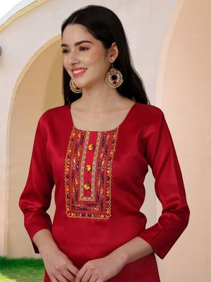 Trendmalls Maroon Satin Embroidered Work Party Wear Kurta Pant with Dupatta Salwar Suit Set 5