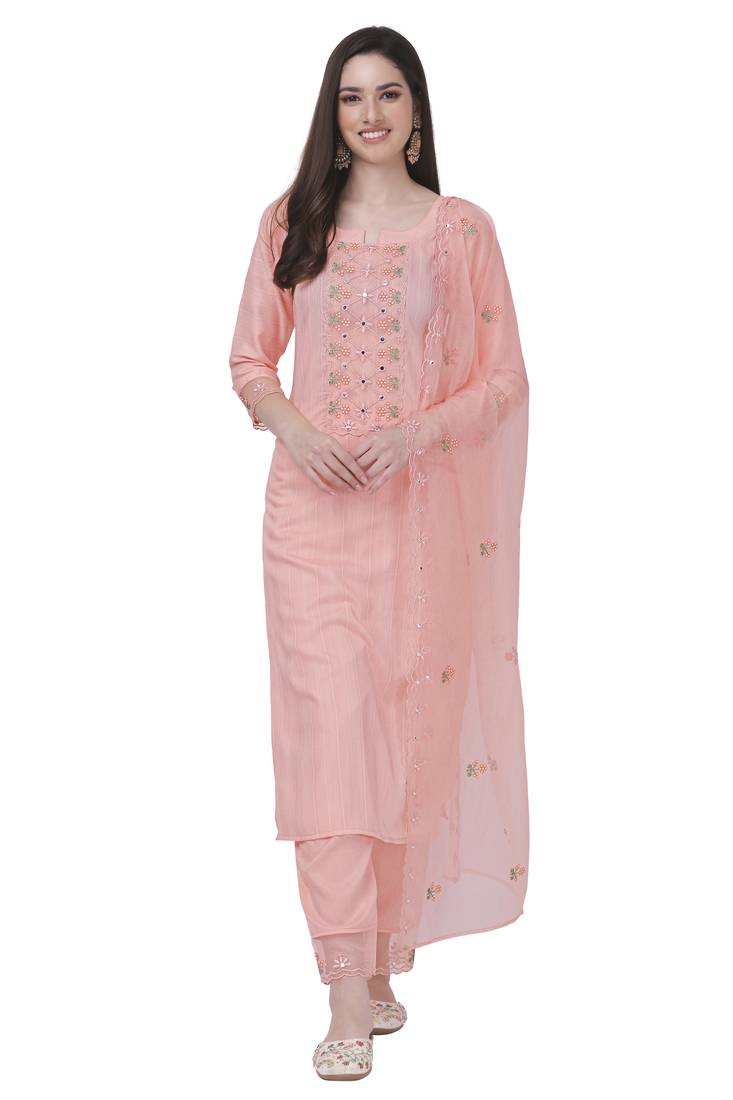 TRENDMALLS Damen Seiden Kurta Set - Stickerei Design Mit Banarasi Dupatta In Limettengrün/Violett