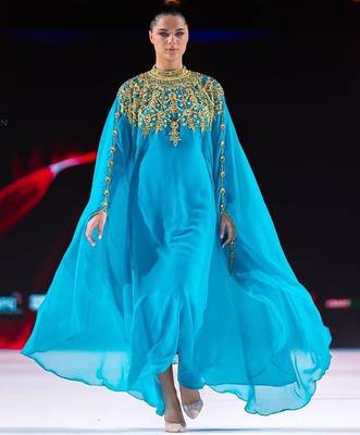 Majestic Aqua Blue Kaftan Gown with Gold Zari Work | Luxury Wedding & Gala Wear 1