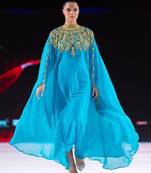 Majestic Aqua Blue Kaftan Gown with Gold Zari Work | Luxury Wedding & Gala Wear