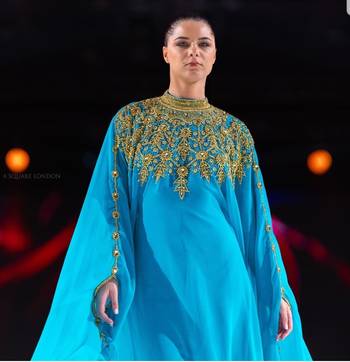 Majestic Aqua Blue Kaftan Gown with Gold Zari Work | Luxury Wedding & Gala Wear 2