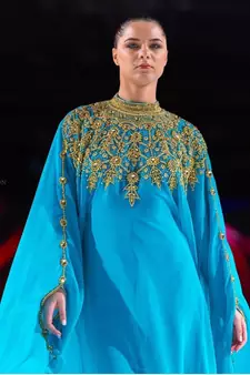 Majestic Aqua Blue Kaftan Gown with Gold Zari Work | Luxury Wedding & Gala Wear
