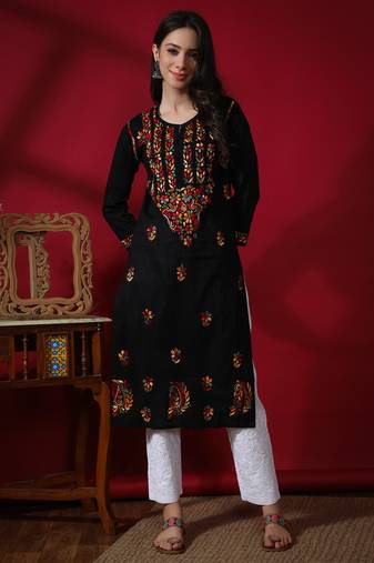 Black embroidered cotton chikankari-kurtis
