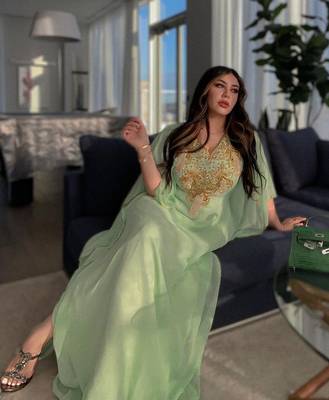 Elegant Sea Green Kaftan Gown with Gold Stone and Thread Work | Luxurious Modest Wear 2