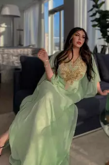 Elegant Sea Green Kaftan Gown with Gold Stone and Thread Work | Luxurious Modest Wear