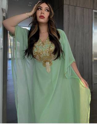 Elegant Sea Green Kaftan Gown with Gold Stone and Thread Work | Luxurious Modest Wear 3
