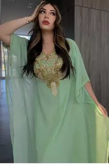 Elegant Sea Green Kaftan Gown with Gold Stone and Thread Work | Luxurious Modest Wear