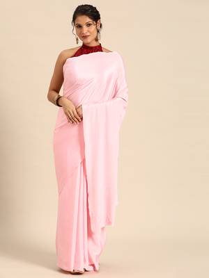 Pink Plain Satin Saree With Blouse 1