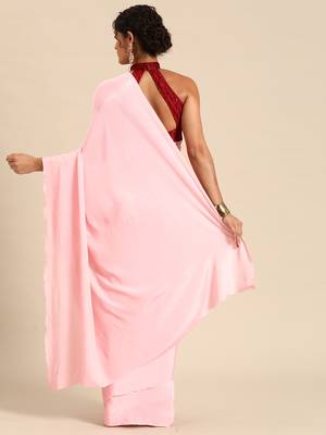 Pink Plain Satin Saree With Blouse 2