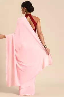 Pink Plain Satin Saree With Blouse