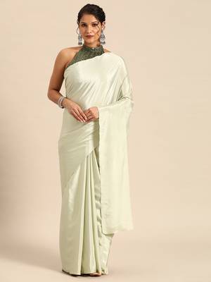 Green Plain Satin Saree With Blouse 1