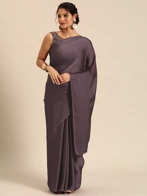 Purple Plain Satin Saree With Blouse 1