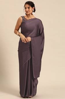 Purple Plain Satin Saree With Blouse