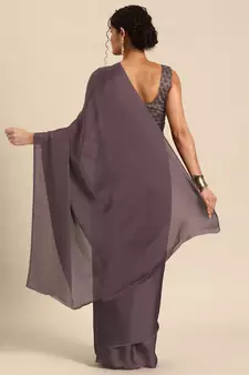 Purple Plain Satin Saree With Blouse