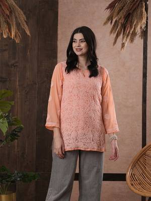 Hand Embroidered Peach Georgette Lucknowi Chikankari Indian Women Kurti 1